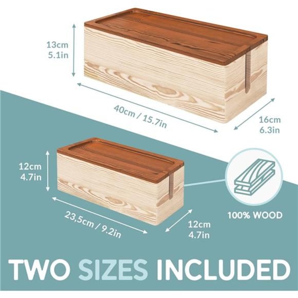 Natural Wood Cable Management Box [Set of Two] Large & Medium Cord Organizer Box - Picture 3 of 6